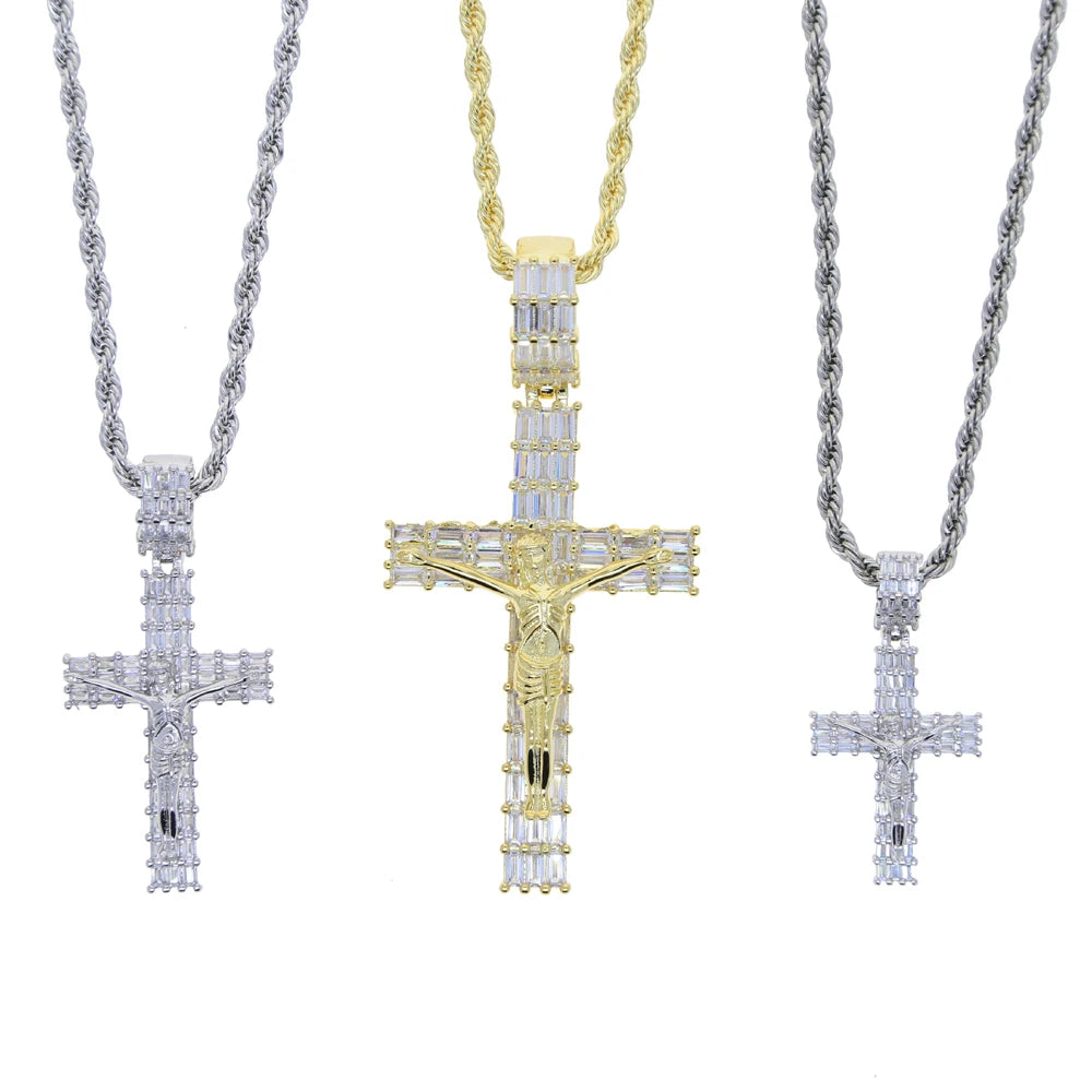 Iced Out Jesus Cross Pendant Necklace – Gold Color Bling with 5A Geometric Zircon for Men & Women - Image 3