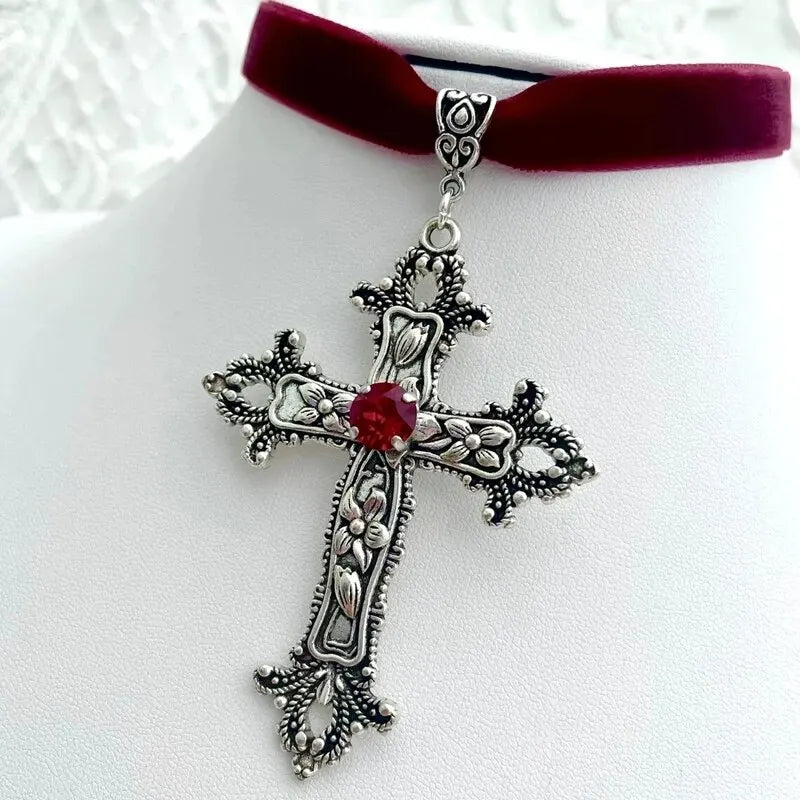Classic Gothic Large Cross Black Velvet Necklace - Image 2