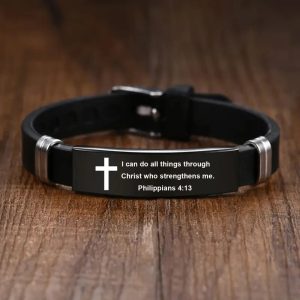Christian Cross Bible Verse Bracelet – Black Stainless Steel Inspirational Faith Jewelry for Men & Women