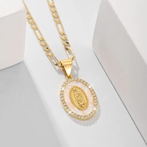 FanSibao Virgin Mary Pendant Necklace – Zircon Inlaid Enamel Religious Jewelry for Women