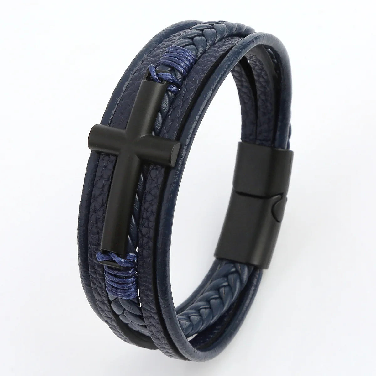 Black Cross Decorative Punk Leather Bracelet – Multilayer Braided Magnetic Clasp for Men - Image 14
