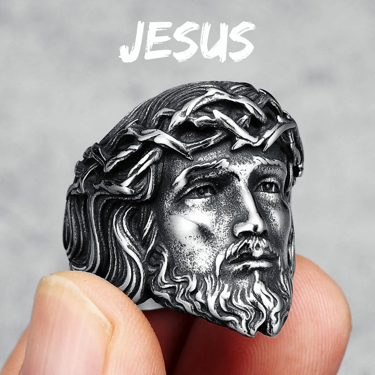 316L Stainless Steel Jesus Face Ring – Christian Men's Punk Rock Jewelry - Image 10