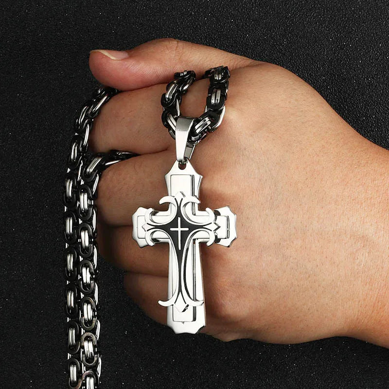 Male Vintage Christian Trinity Latin Cross Necklace - Image 3