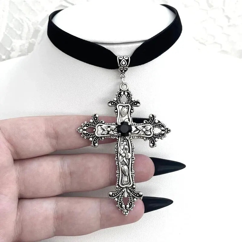 Classic Gothic Large Cross Black Velvet Necklace
