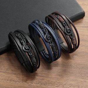 Men’s Musical Symbol Leather Bracelet – Vintage Multi-Layer Wristwear