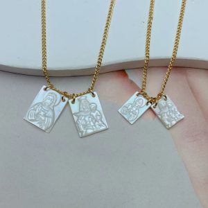 Jesus & Virgin Mary Scapular Necklace – Stainless Steel Mother of Pearl Pendant for Women