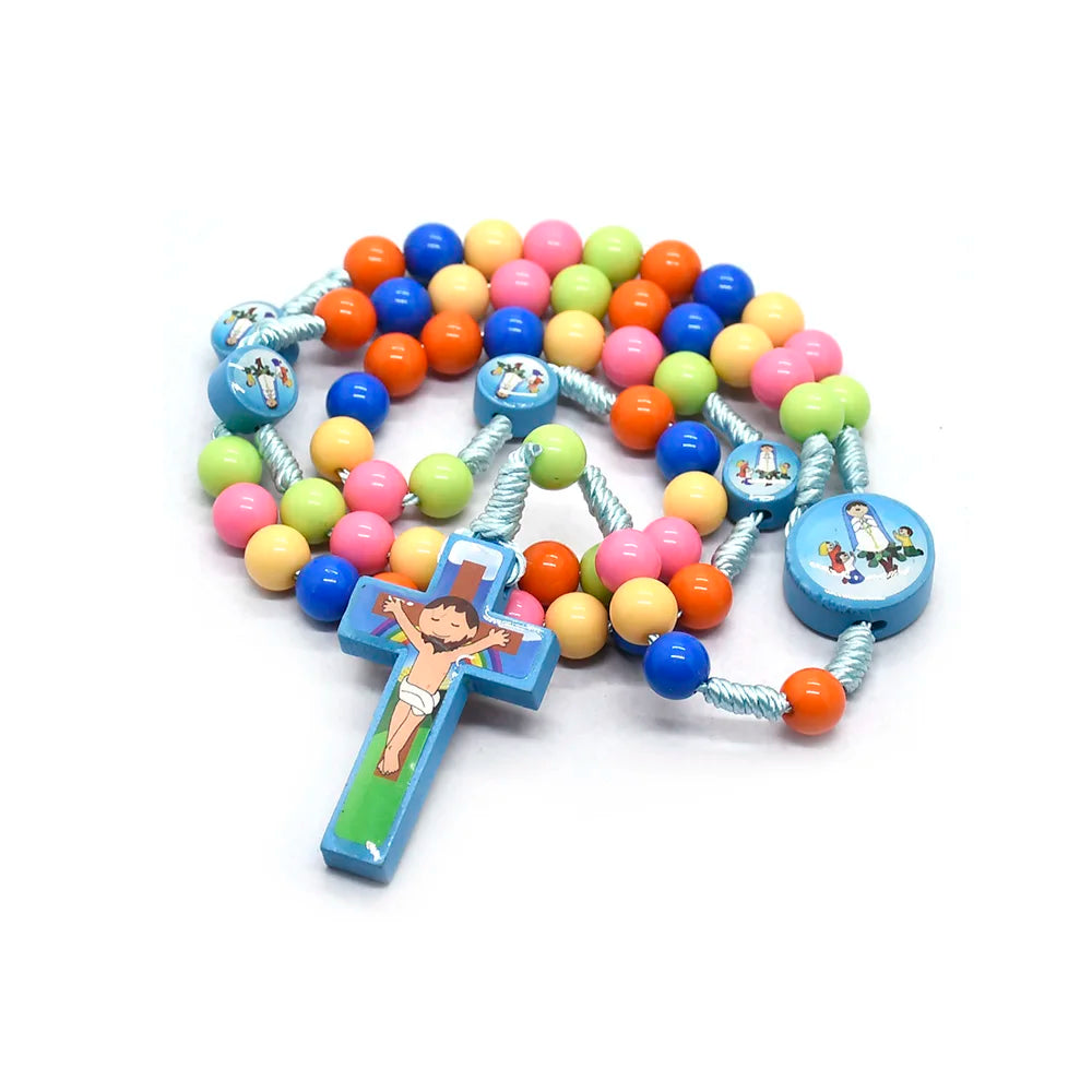 Children's Colored Plastic Beads Rosary Necklace – Wood Cross Pendant Catholic Prayer Ornament - Image 7