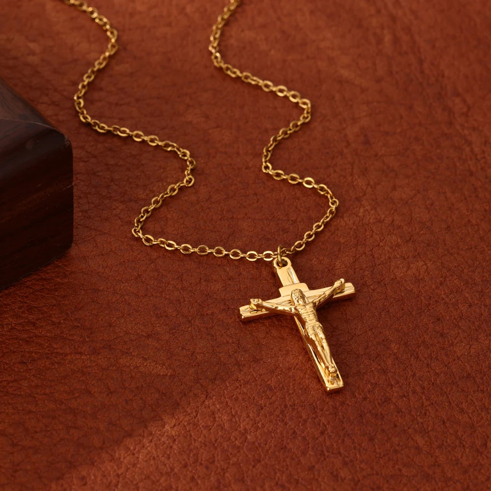 Caravaca Angels Crucifix Necklace – Gold Stainless Steel Jesus Cross for Men & Women - Image 3