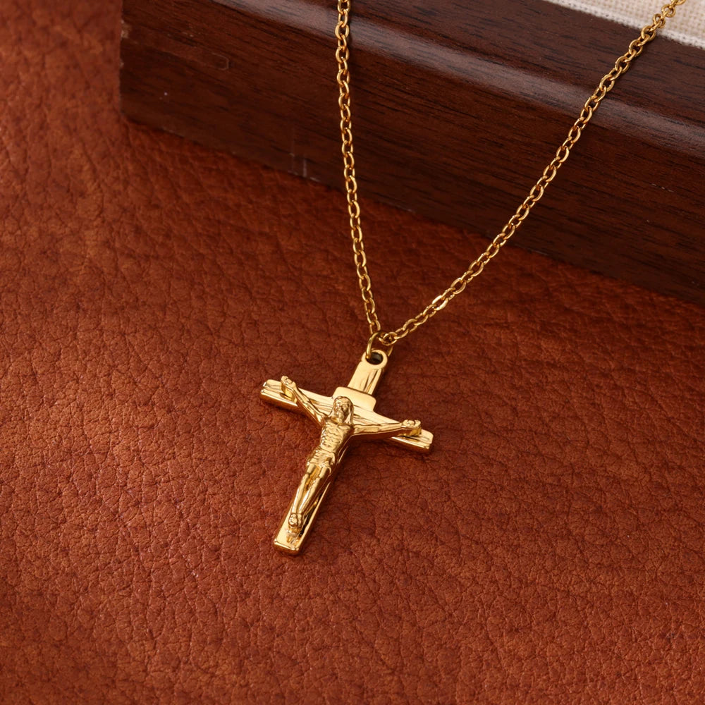 Caravaca Angels Crucifix Necklace – Gold Stainless Steel Jesus Cross for Men & Women - Image 2