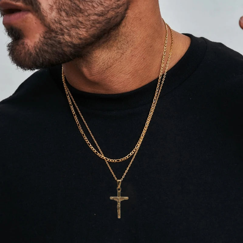 Jesus Cross 18K Gold Plated Stainless Steel Pendant Necklace – Unisex Religious Waterproof Jewelry - Image 3
