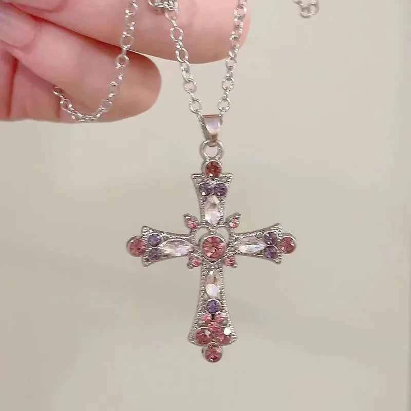 ChatGPT said: New Y2K Punk Pink Purple Zircon Cross Necklace – Rhinestone Clavicle Chain for Women - Image 4