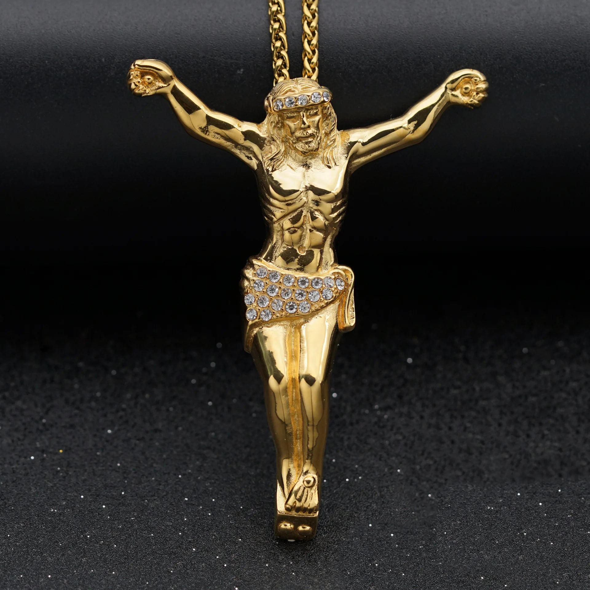 New Religious Jesus Cross Necklace for Men – Fashion Gold Color Pendant with Rhinestones